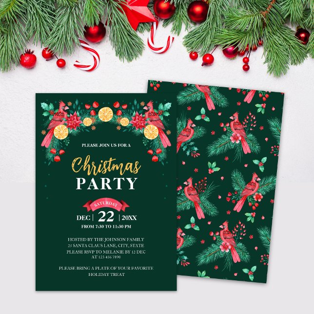 Invitación Cardenales de color rojo y verde acuarela Navidade (Watercolor Red Cardinal Birds Christmas Party Invitation)