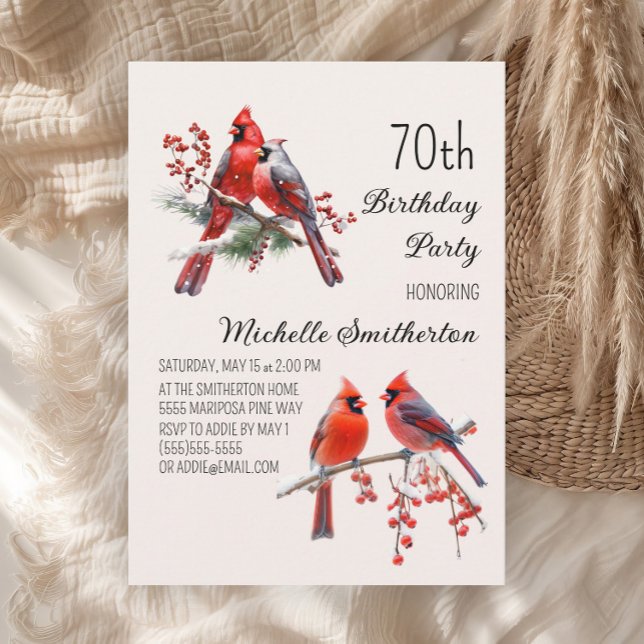 Invitación Cardenales Nieve Aves de Invierno 70 cumpleaños (Red cardinals 70th birthday party invitation)