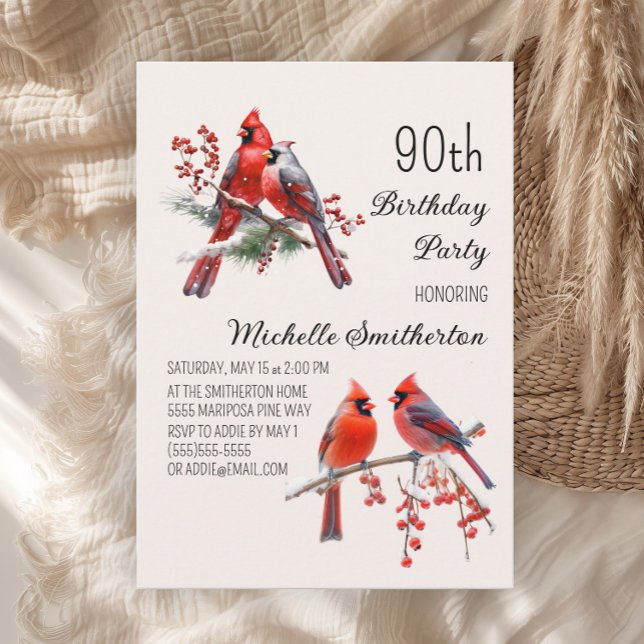 Invitación Cardenales Nieve Aves de Invierno 90 cumpleaños (Red cardinals women's 90th birthday party invitation)