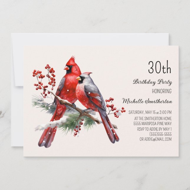 Invitación Cardenales Rojos Bayas 30 Cumpleaños (Anverso)