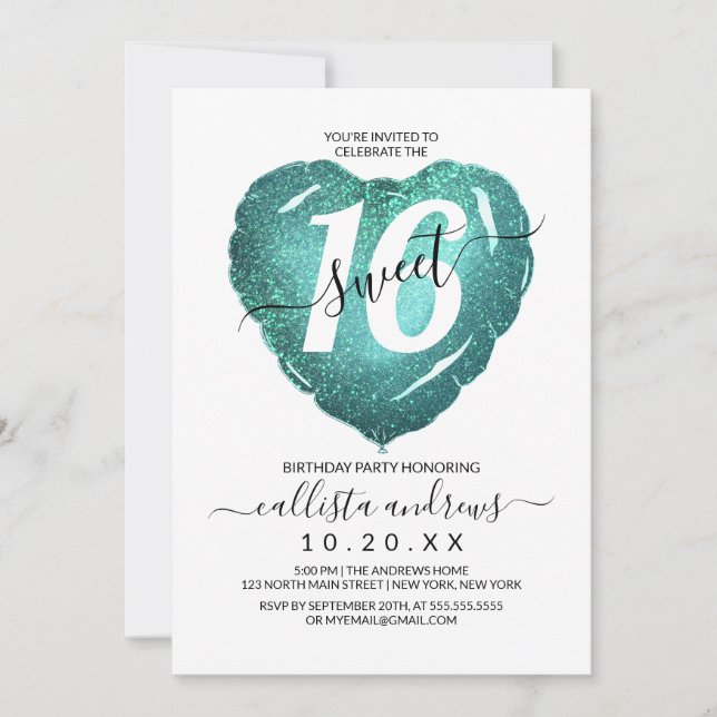 Invitación Cardíaco Purpurina Verde azulado Girly dulce 16 (Anverso)