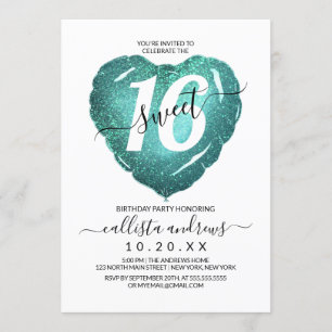 Invitación Cardíaco Purpurina Verde azulado Girly dulce 16