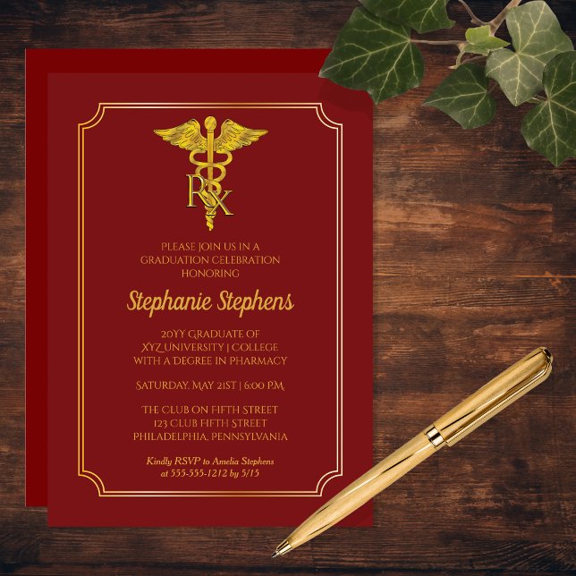Invitación Cardinal Red | Partido de Graduación de Farmacia G (Cardinal Red and Gold Tone Rx Pharmacy Graduation Party Invitation)