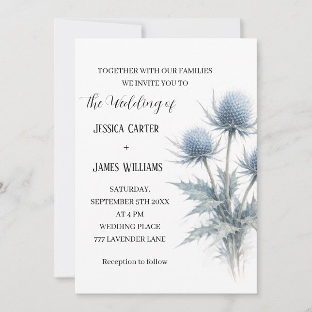 Invitación Cardo Azul Escocés Boda Simple Escocia (Anverso)
