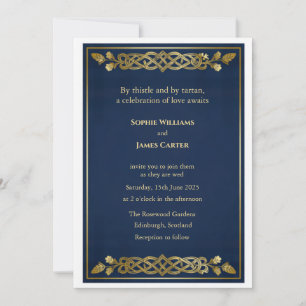 Invitación Cardo escocés azul marino dorado Nudo celta Tej