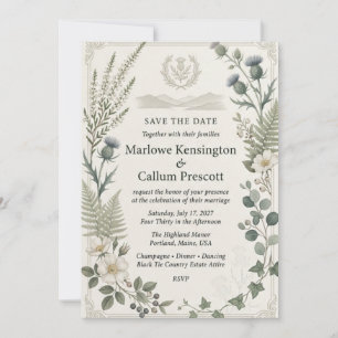 Invitación Cardos escoceses, rosas silvestres blancas, brezo,