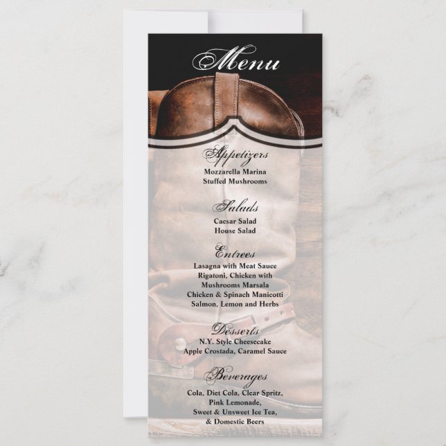 Invitación Cards 4x9.25 Menu Cards Cowboy Boots Barn Wood Rus (Anverso)
