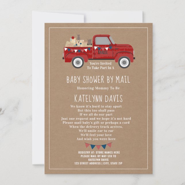 Invitación Cardstock Inspiró A Red Truck Baby Shower Por Corr (Anverso)