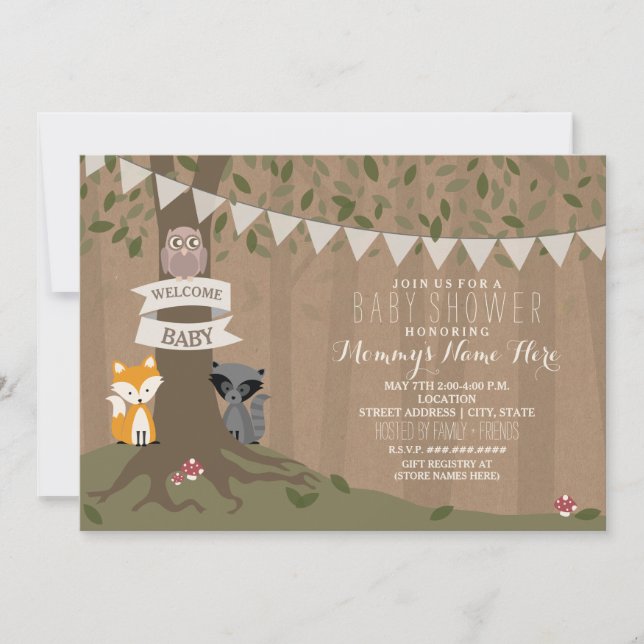 Invitación Cardstock inspiró Woodland Baby Shower - Neutral (Anverso)