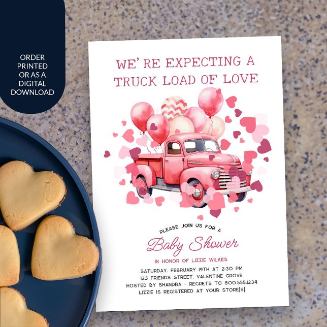 Invitación Carga de camión de amor Pink Valentine Baby Shower (Valentine Baby Shower Invitation with pink vintage truck and love hearts)