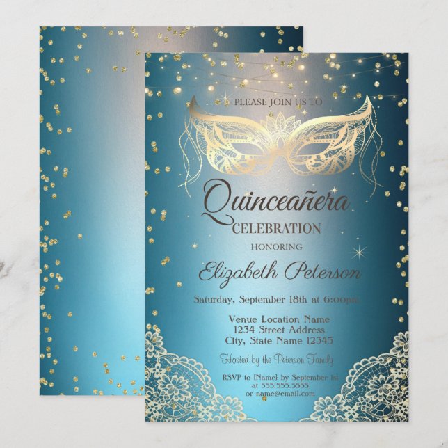 Invitación Cargo Masqu de Oro, Diamantes Quinceañera (Anverso / Reverso)