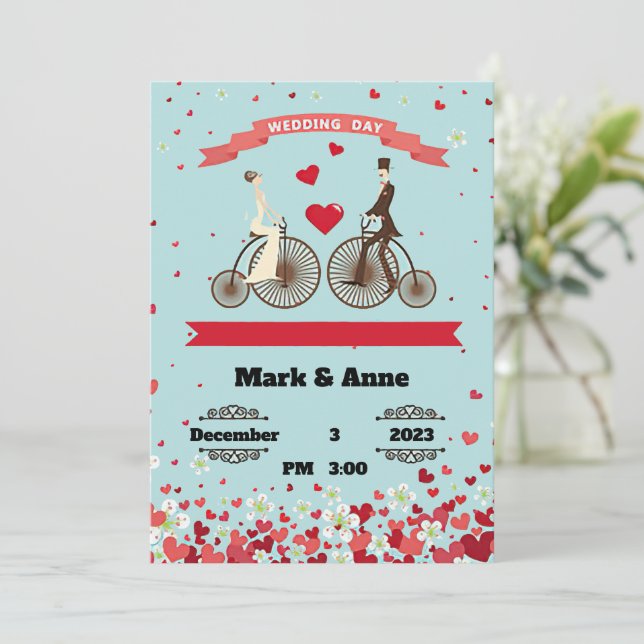 Invitación Caricatura de la novia y el novio montando bicicle (Anverso de pie)