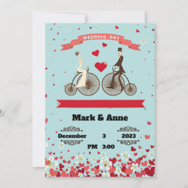Invitación Caricatura de novia y novio montando bicicletas pa