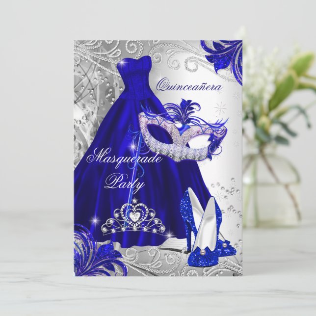 Invitación Caricatura de plata azul Quinceanera Tiara (Anverso de pie)