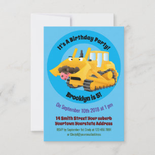 Invitación Caricatura graciosa amarilla con bulldozer