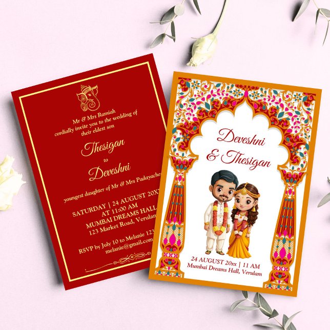 Invitación Caricatura titánica del boda del sur de la India (Tamil South Indian wedding cute caricature traditional bridal couple Invitation template download)