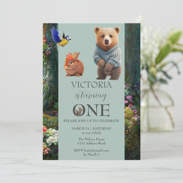 Invitación Cariño Bunny y Boo Bear, primer cumpleaños (Anverso de pie)