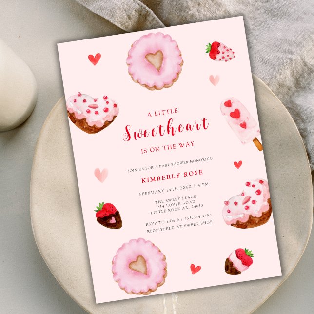 Invitación Cariño rosada no hace San Valentín Baby Shower (Pink Sweetheart Donuts Valentines Baby Shower Invitation)