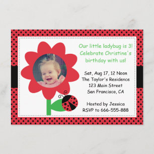 Invitación Cariñosa mariquita cumple 3, cumpleaños 3, lunares