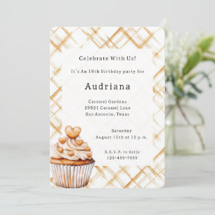 Invitación Carmel Cream Hearts Cupcake Cumpleaños