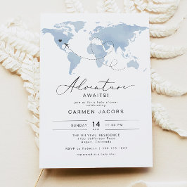 Invitación CARMEN Dusty Blue Map Adventure Baby Shower