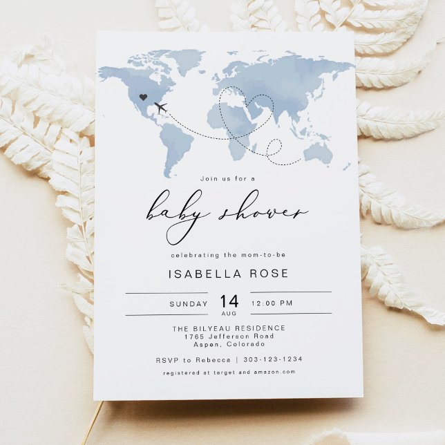 Invitación CARMEN Dusty Blue Map Travel Adventure Baby Shower (Subido por el creador)