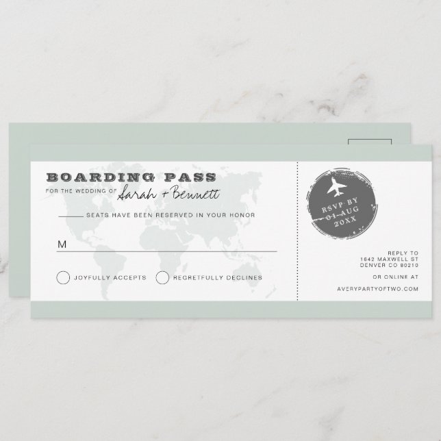 Invitación CARMEN Green World Map Boarding Pass RSVP Card (Anverso / Reverso)