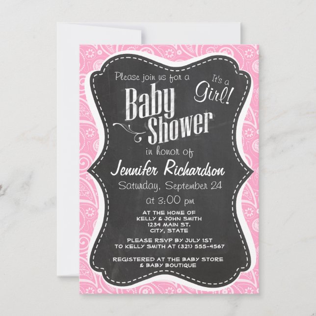 Invitación Carnation Pink Paisley; Vintage Chalkboard look (Anverso)