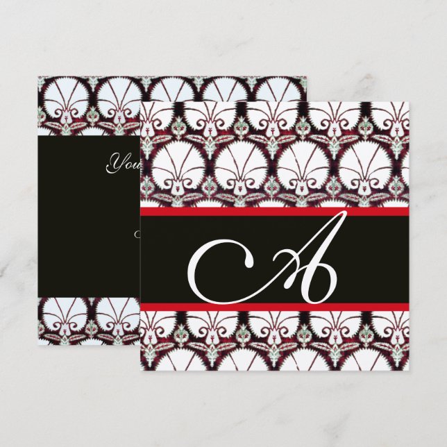 Invitación CARNATURAS DE DAMASCO BLANCO NEGRO MONOGRAMA Plata (Anverso / Reverso)
