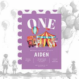 Invitación Carnaval Circo Grande Top Purple Primer Cumpleaños