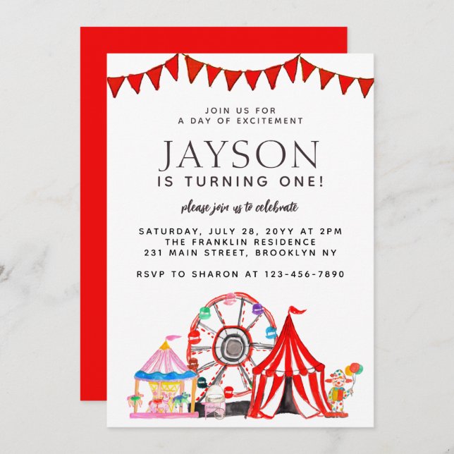 Invitación Carnaval Circus Tent Ferris Wheels Fiesta Cumpleañ (Anverso / Reverso)