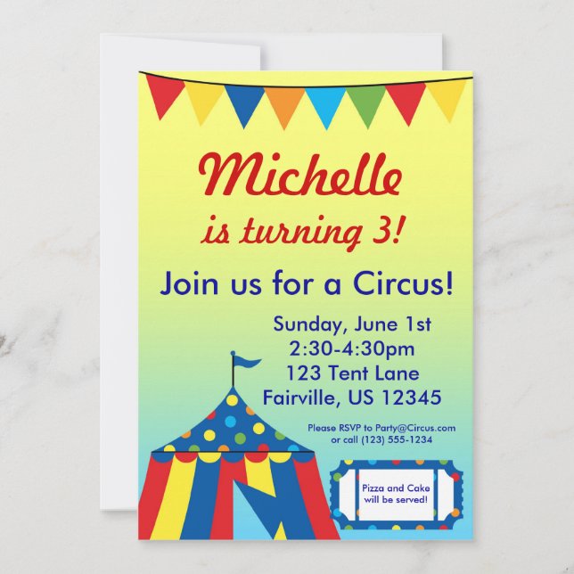 Invitación Carnaval de circo amarillo y azul: cumpleaños prin (Anverso)
