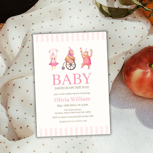 Invitación Carnaval de circo rosado Teddy Bear Baby Shower (Pink Cute Circus Carnival Teddy Bear Baby Shower Invitation)