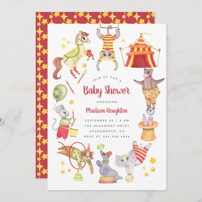 Invitación Carnaval de cuatricromía circo Baby Shower animal (Anverso / Reverso)