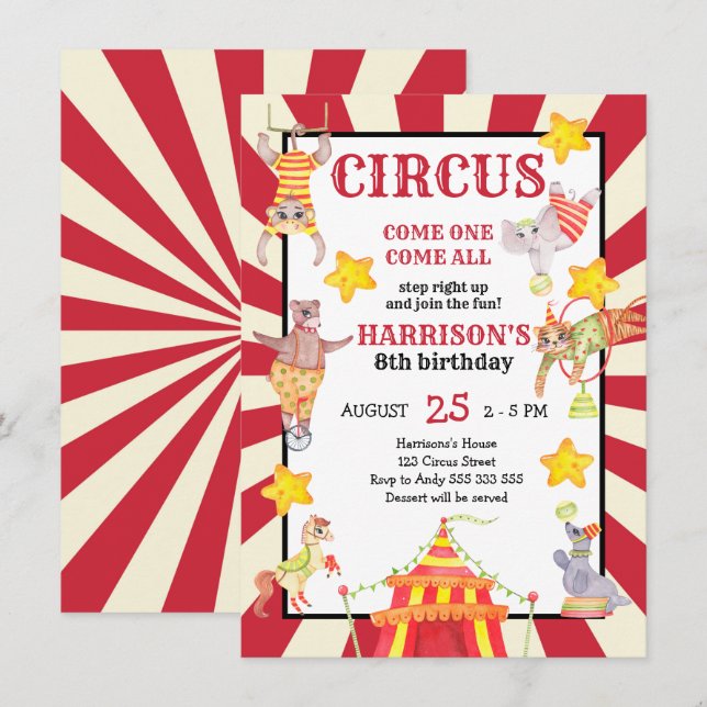 Invitación Carnaval de cumpleaños de Boy Circus Fiesta (Anverso / Reverso)