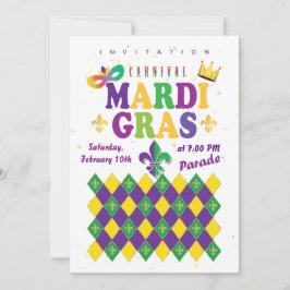 Invitación Carnaval de Mardi Gras Fleur de Lis Diamante Arleq