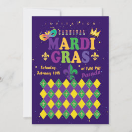 Invitación Carnaval de Mardi Gras Fleur de Lis Diamante Arleq