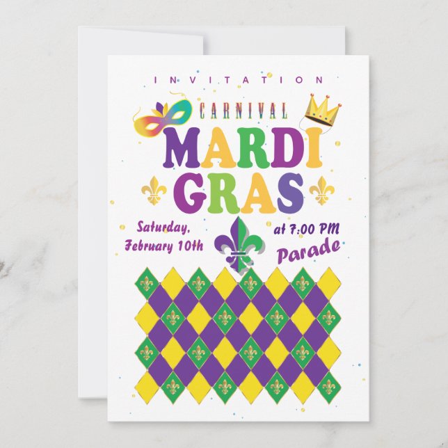 Invitación Carnaval de Mardi Gras Flor de Lis Diamante Arlequ (Anverso)