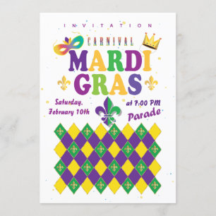 Invitación Carnaval de Mardi Gras Flor de Lis Diamante Arlequ