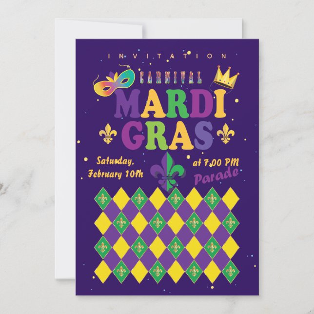 Invitación Carnaval de Mardi Gras Lirios Flor Diamante Arlequ (Anverso)