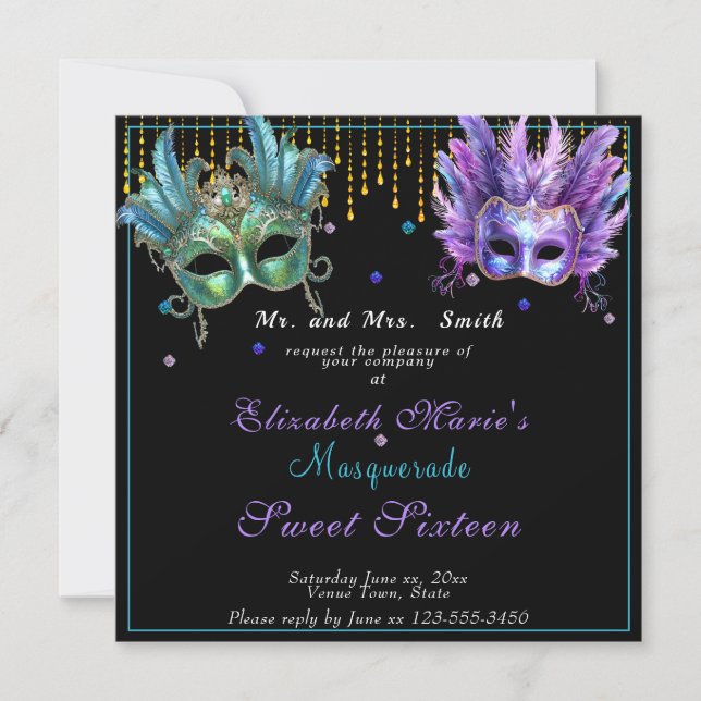 Invitación Carnaval de máscaras de dulce turquesa rosa diecis (Anverso)