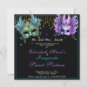 Invitación Carnaval de máscaras de dulce turquesa rosa diecis