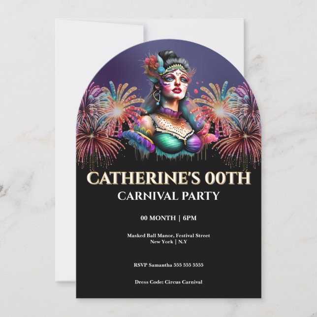 Invitación Carnaval de Máscaras Edad Hito Cumpleaños (Anverso)