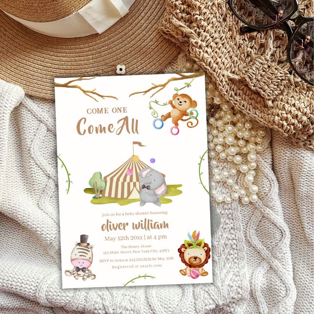 Invitación Carnaval de Safari de Woodland Circus Baby Shower (Woodland Safari Carnival Circus Baby Shower Invitation)