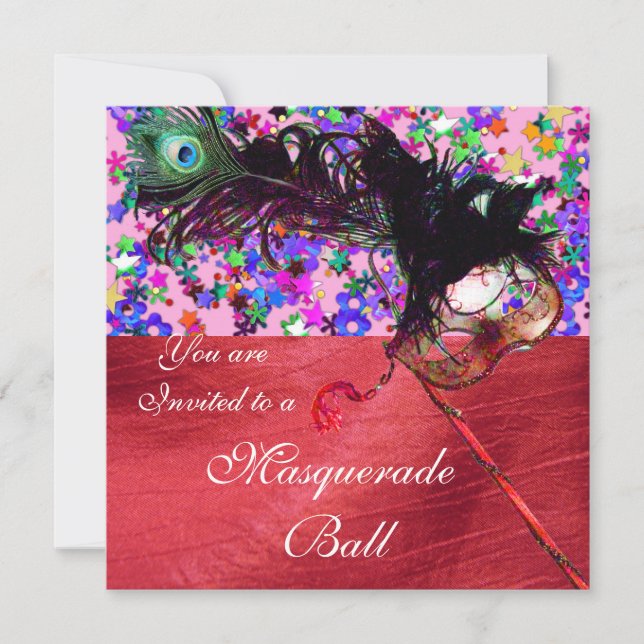 Invitación CARNAVAL MÁSCARA Y CONFETI seda roja (Anverso)