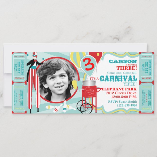 Invitación Carnaval Stilt Walker y Cotton Candy Cumpleaños (Anverso)