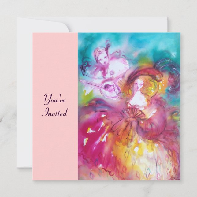 Invitación Carnaval veneciano de PIERROT y ARLECCHINA, (Anverso)