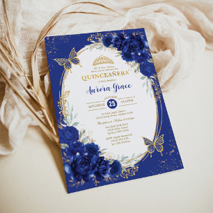 Invitación Carne de mariposa floral de oro azul real Quinceañ