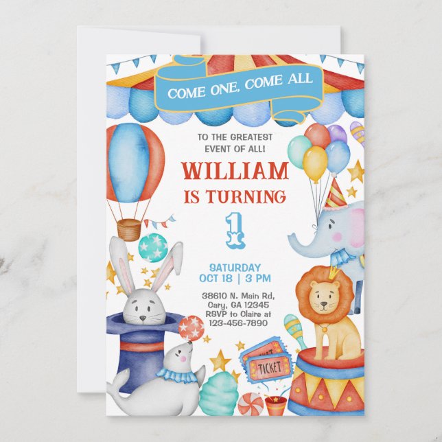 Invitación Carnival / Circus blue boy birthday invitation. (Anverso)