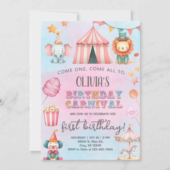 Invitación Carnival / Circus pink girl birthday invitation. (Anverso)